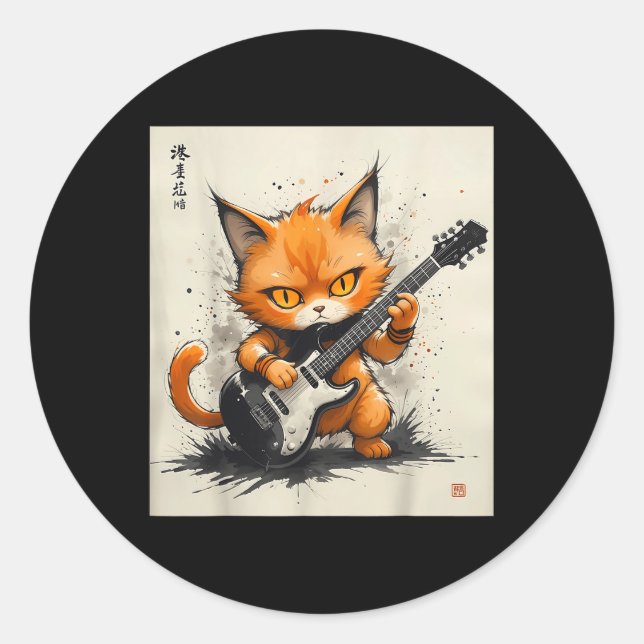 Rock Cat Playing Gitarre Funny Cat Runder Aufkleber (Vorderseite)