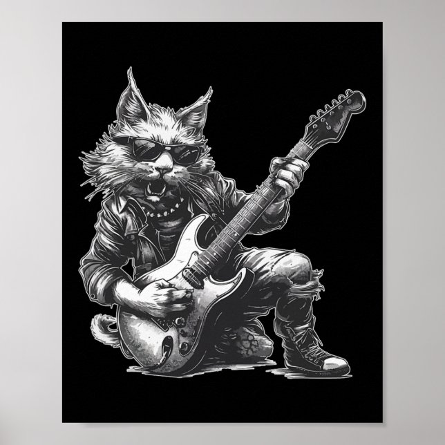 Rock Cat Playing Gitarre Funny Gitarre Cat Poster (Vorne)