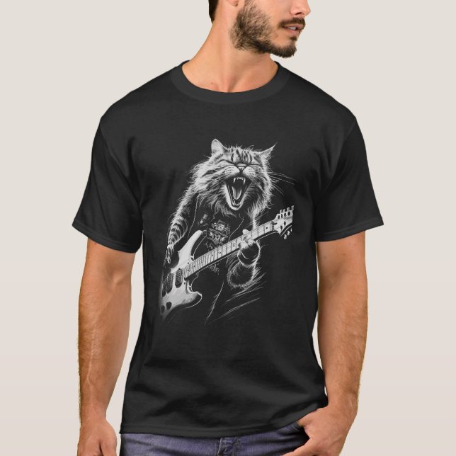 Rock Cat Playing Gitarrenfrau Funny Guitar Ca T-Shirt (Vorderseite)