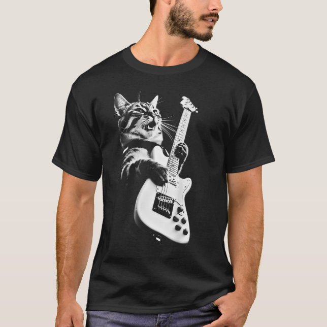 Rock Cat Playing Guitar - Funny Guitarist Cat T-Shirt (Vorderseite)