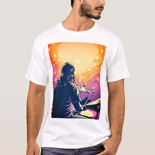 Rock Drummer mit Musiknoten T-Shirt (Vorderseite)