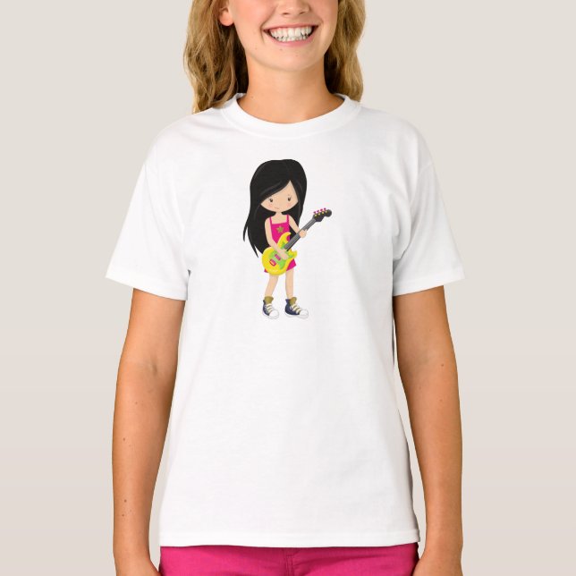 Rock Girl, Black Hair, Band, Musik, Gitarrenspiele T-Shirt (Vorderseite)
