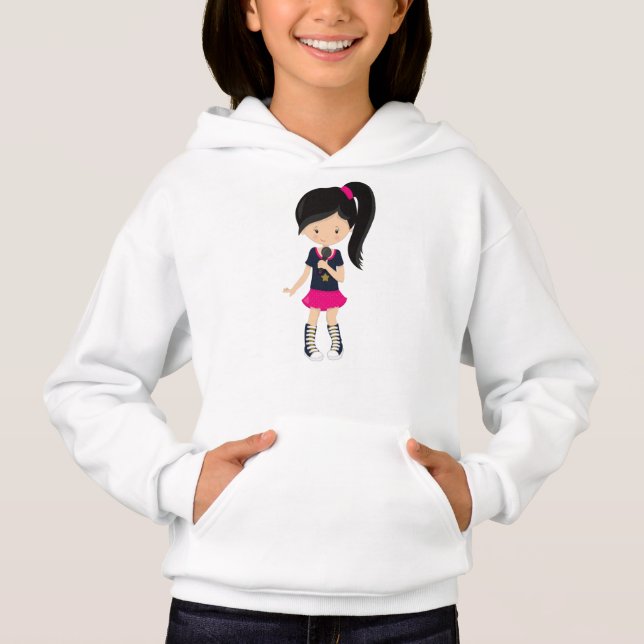 Rock Girl, Schwarzes Haar, Mikrofon, Band Sänger Hoodie (Vorderseite)