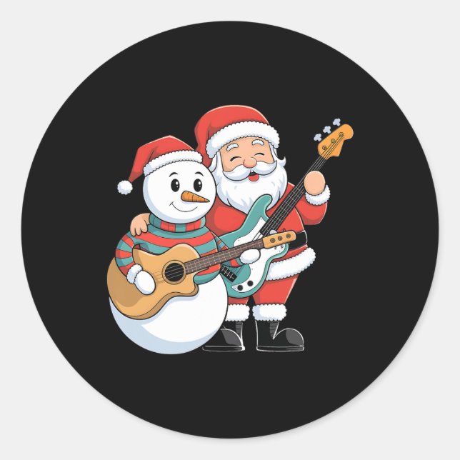 Rock Guitar Snowman und Santa Claus Gitarre spiele Runder Aufkleber (Vorderseite)