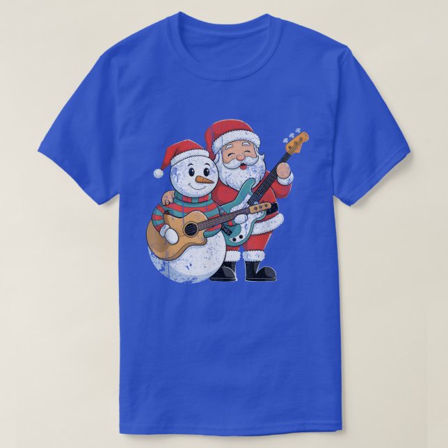 Rock Guitar Snowman und Santa Claus Gitarre spiele T-Shirt (Design vorne)