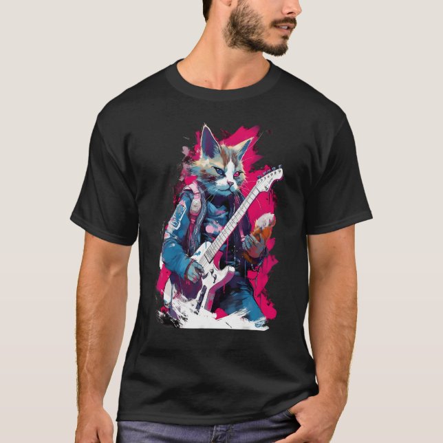 Rock Guitar Snowshoe Cat Guitarist T-Shirt (Vorderseite)