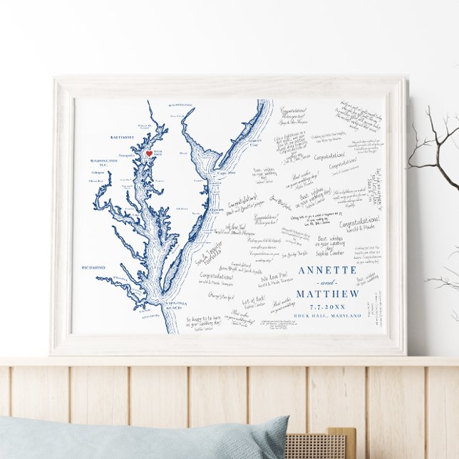 Rock Hall MD Wedding Elegante Karte Gästebuchplaka Poster (Elegant Rock Hall Maryland Alternative Guest Book Poster with navy blue Chesapeake Bay map)