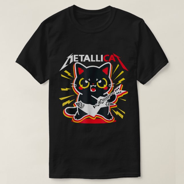 Rock-Kitty-Gitarrespieler Süßes Metal-Katze-Design T-Shirt (Design vorne)