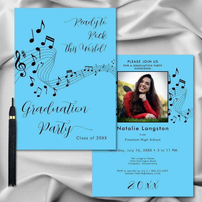 Rock Music Black & Blue Foto Graduation Party Einladung (Rock Music Black & Blue Photo Graduation Party Invitation)