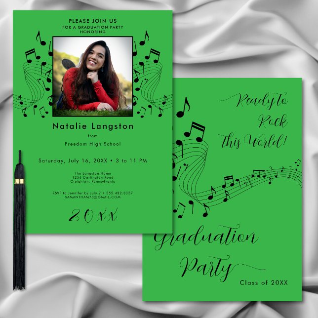Rock Music Black & Green Foto Graduation Party Einladung (Rock Music Black & Green Photo Graduation Party Invitation)