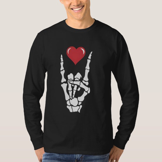 Rock Music Lover Skeleton Hand Rock Heart Graphic T-Shirt (Vorderseite)
