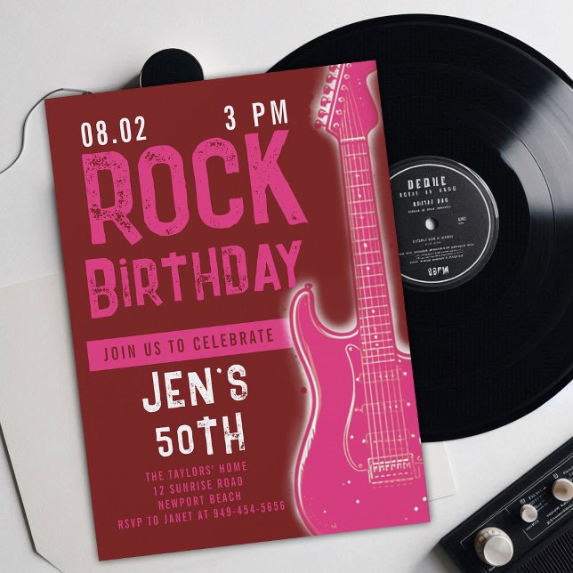 Rock Music Musician Gitarre Adult Pink Geburtstag Einladung (music musician rock adult birthday party invitation women modern fun pink electric guitar modern)
