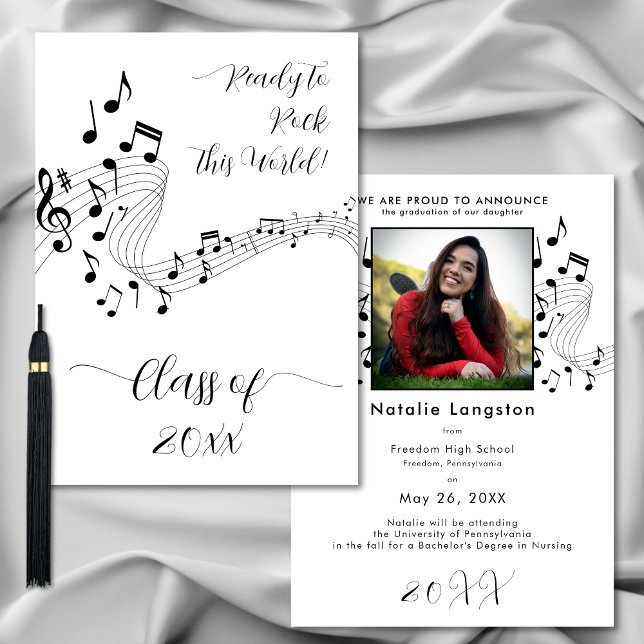 Rock Music Schwarz-weiß Foto Graduate Ankündigung (Rock Music Black White Photo Graduate Announcement)