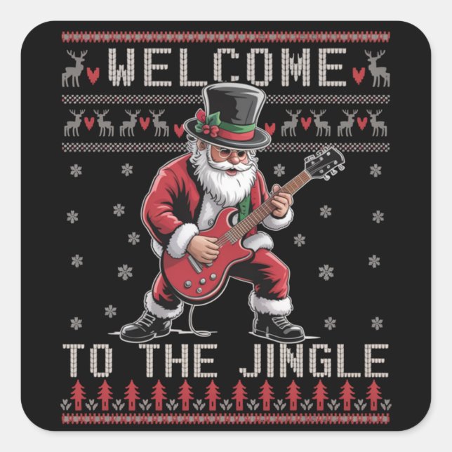 Rock n Roll Christmas Rocker Santa Ugly Christmas  Quadratischer Aufkleber (Vorderseite)