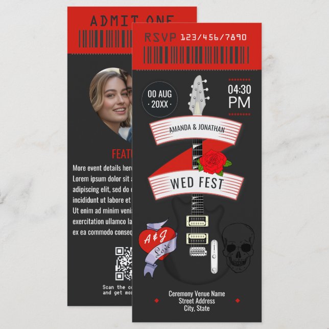Rock n' Roll Wedding Ticket individuelle Einladung (Vorne/Hinten)
