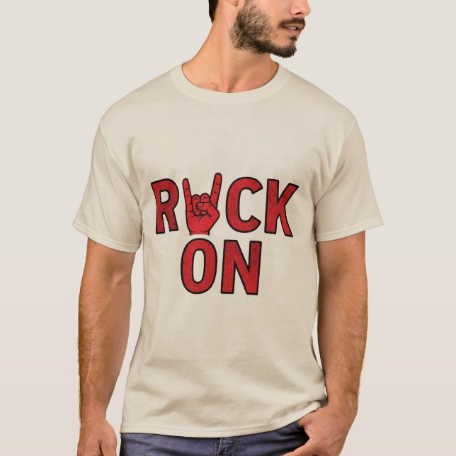 Rock On - Bold Red Typografy Music Design T-Shirt (Vorderseite)