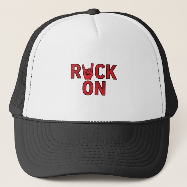 Rock On - Bold Red Typografy Music Design Truckerkappe (Vorderseite)