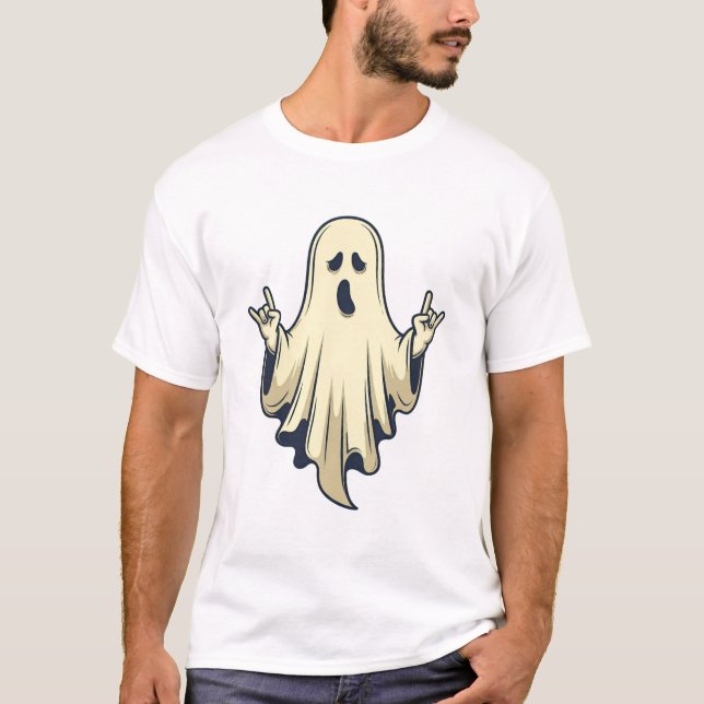 Rock On Ghost Halloween Cool Spooky Vibes Design T-Shirt (Vorderseite)