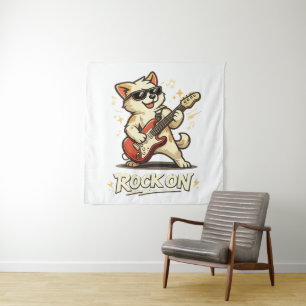 Rock On Gitarre Hund Lustige Rockmusik Wandteppich