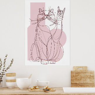 Rock On Katze Rosa Minimale Linienkunst Poster