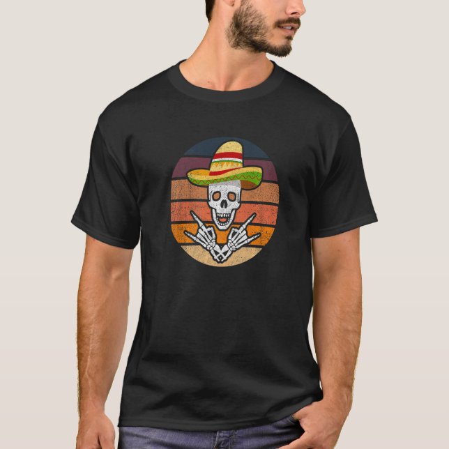 Rock On Mexican Skeleton Sombrero Dia De Los Muert T-Shirt (Vorderseite)