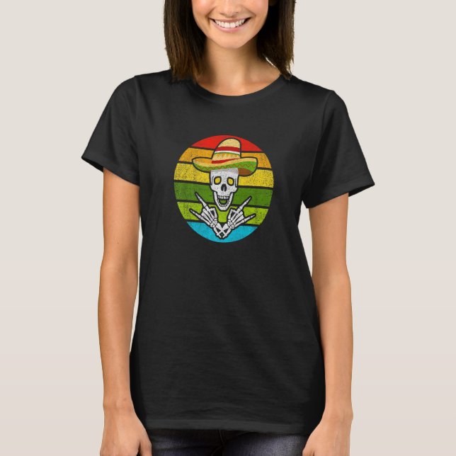 Rock On Mexican Skeleton Sombrero Dia De Los Muert T-Shirt (Vorderseite)