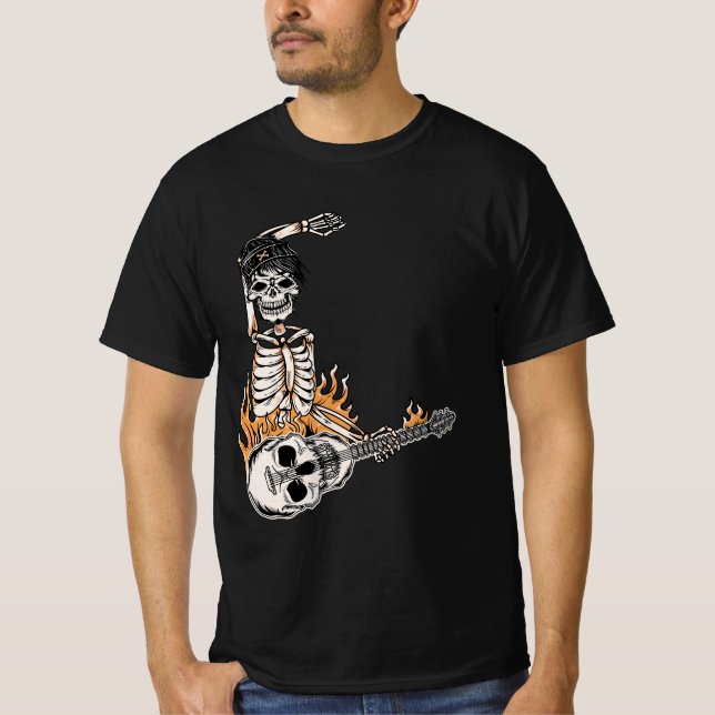 Rock on Skeleton Playing Gitarre Halloween Kostüm T-Shirt (Vorderseite)