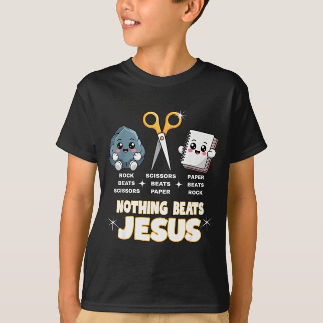 Rock Paper Scissors But Nothing Beats Jesus Funny  T-Shirt (Vorderseite)