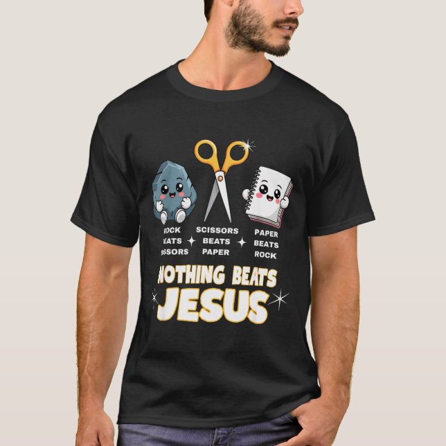 Rock Paper Scissors But Nothing Beats Jesus Funny  T-Shirt (Vorderseite)