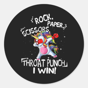 Rock Paper Scissors Throat Punch I Win Unicorn Box Runder Aufkleber