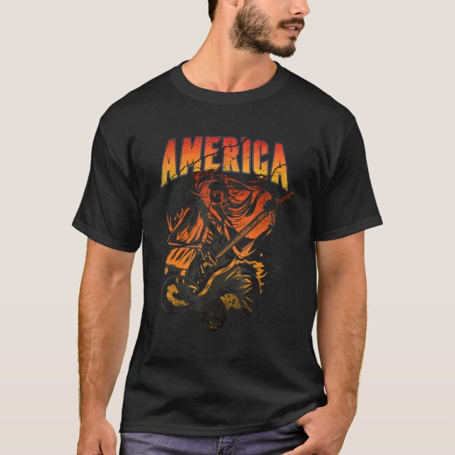 Rock & Roll America Skeleton Guitar ROC T-Shirt (Vorderseite)