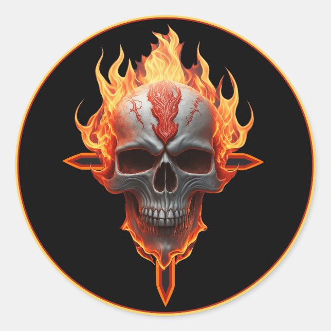 Rock & Roll Band "Heavy Metal Music Flaming Skull" Runder Aufkleber (Vorderseite)