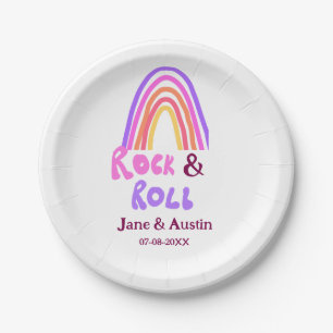 Rock & Roll-Hochzeit Paarname Retro-Regenbogen Pappteller