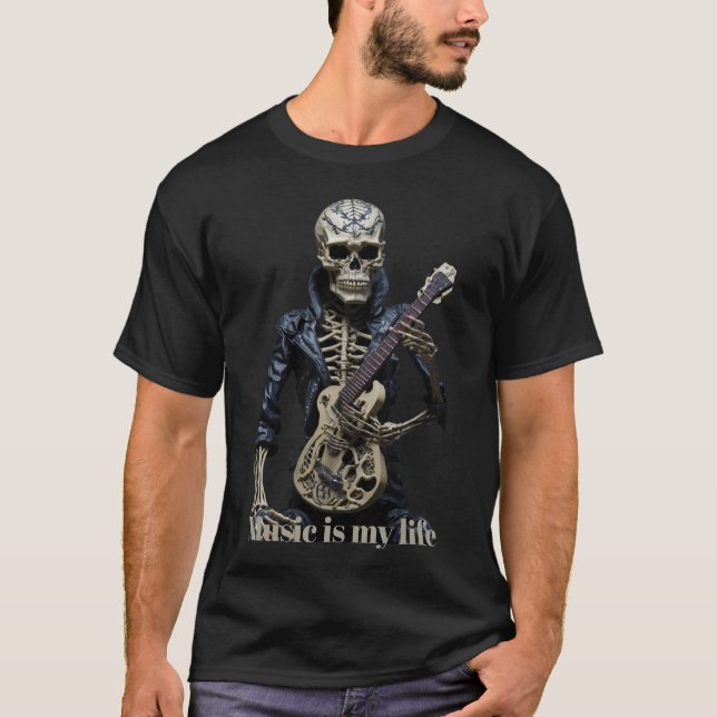 Rock & Roll Skeleton Gitarre Lover Geschenk T-Shirt (Vorderseite)