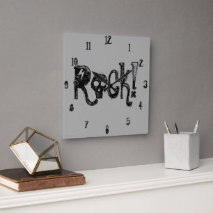 Rock-Schädel-Typografie Schwarz Grau Quadratische Wanduhr