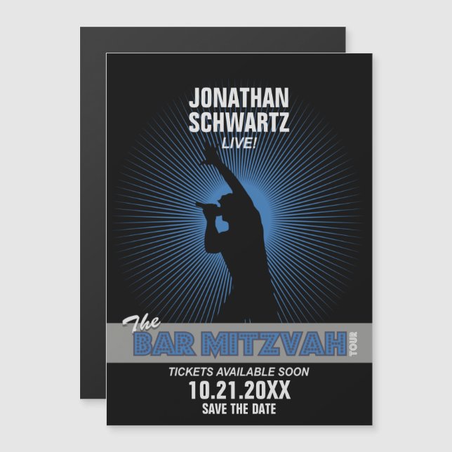 Rock Star Bar Mitzvah Save the Date Black Blue Magneteinladung (Vorne/Hinten)