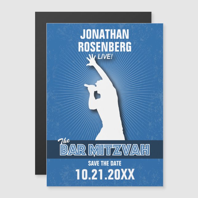 Rock Star Bar Mitzvah Save the Date in Blue Magneteinladung (Vorne/Hinten)