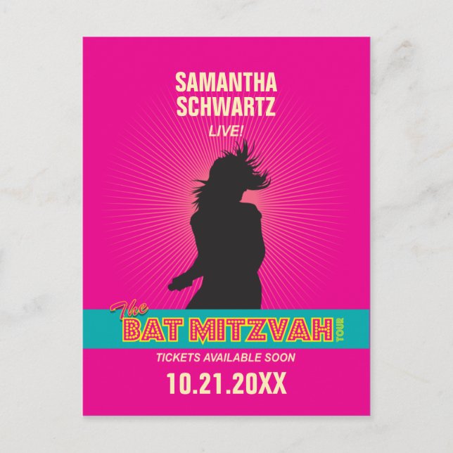 Rock Star Bat Mitzvah Save the Date in Hot Pink Ankündigungspostkarte (Vorderseite)
