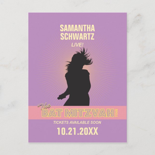 Rock Star Bat Mitzvah Save the Date Lila Pink Ankündigungspostkarte (Vorderseite)