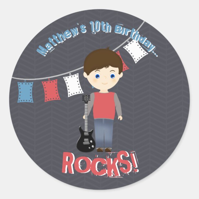Rock Star Birthday Boy Runder Aufkleber (Vorderseite)