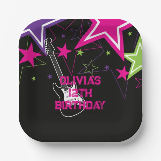 Rock Star Birthday Gitarren Stars Pink Lila Pappteller (Vorderseite)