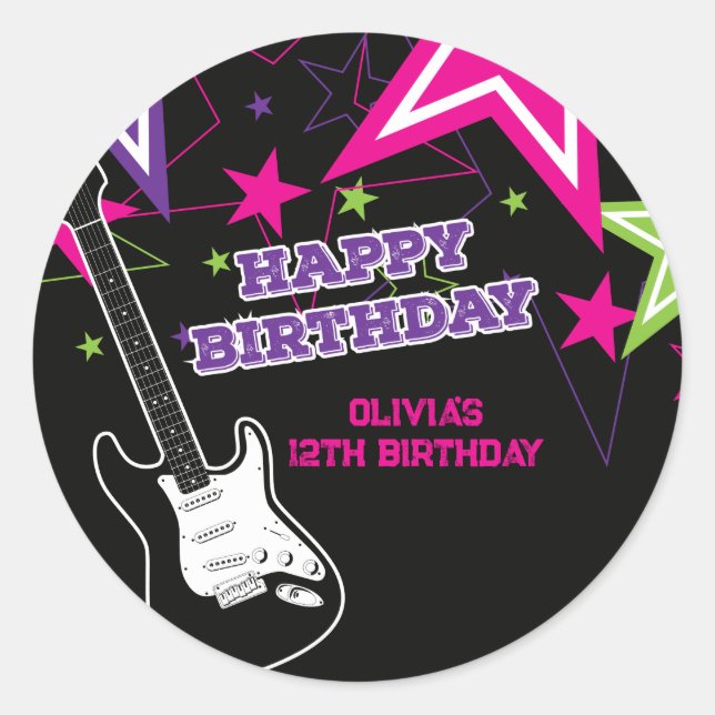 Rock Star Birthday Gitarren Stars Pink Lila Runder Aufkleber (Vorderseite)