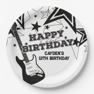 Rock Star Birthday Guitar Schwarz-weiß Stars Pappteller