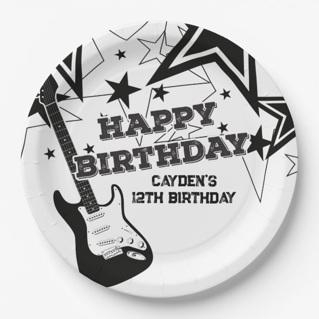 Rock Star Birthday Guitar Schwarz-weiß Stars Pappteller (Vorderseite)