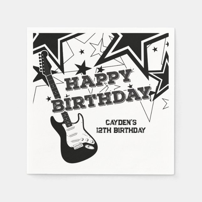 Rock Star Birthday Guitar Schwarz-weiß Stars Serviette (Vorderseite)