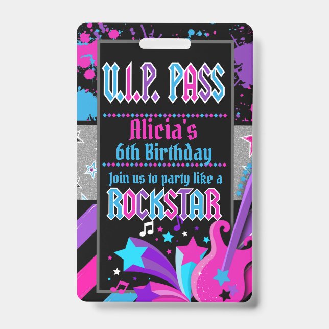 Rock star Birthday Party VIP Pass Einladung Abzeic Ausweis (Front)