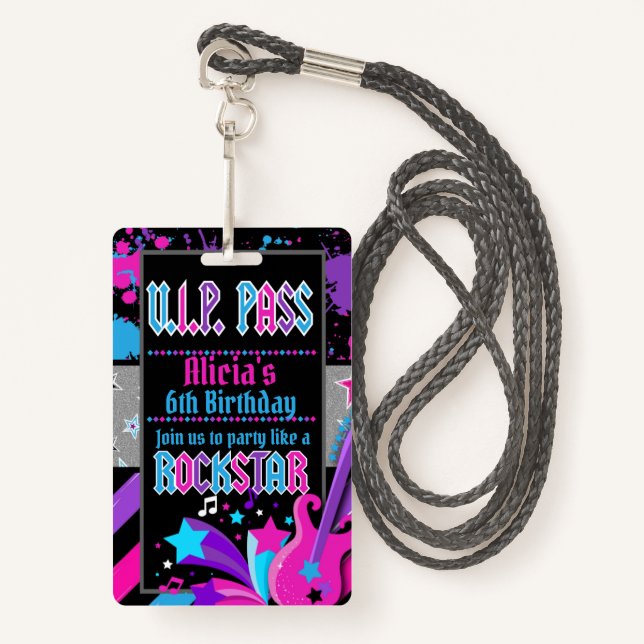 Rock star Birthday Party VIP Pass Einladung Abzeic Ausweis (Vorderseite mit Schlüsselband)