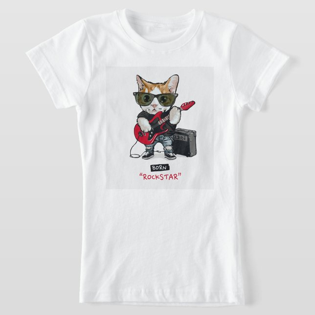 Rock Star Cat T - Shirt (A white t-shirt with a square design in the center, featuring a cat dressed as a rockstar.)