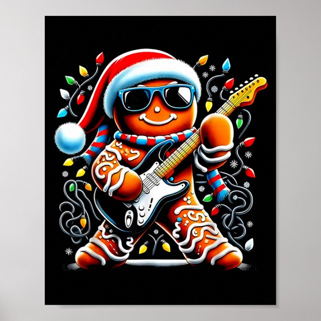 Rock Star Gingerbread Christmas Guitar Lights Men  Poster (Vorne)