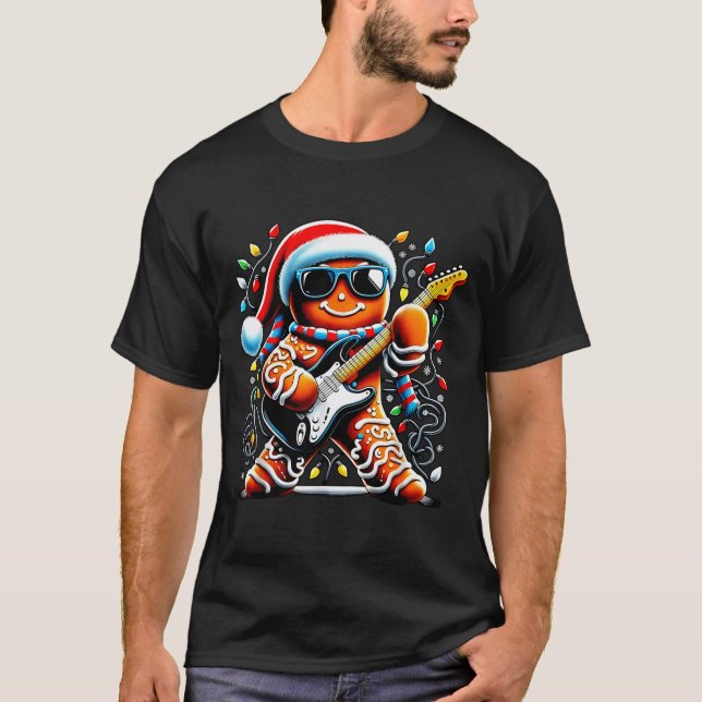 Rock Star Gingerbread Christmas Guitar Lights Men  T-Shirt (Vorderseite)